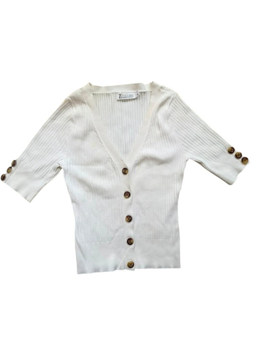 7th Avenue Women M White Ribbed Knit Cardigan V Neck Button Rayon Nylon.